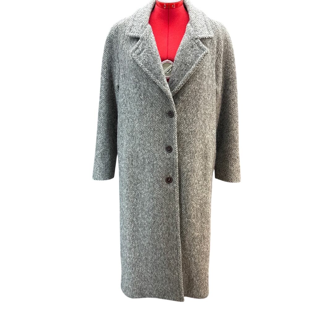 Stephanie Mathews Vintage 100% Wool Classic Grey Herringbone long Coat Women 14
